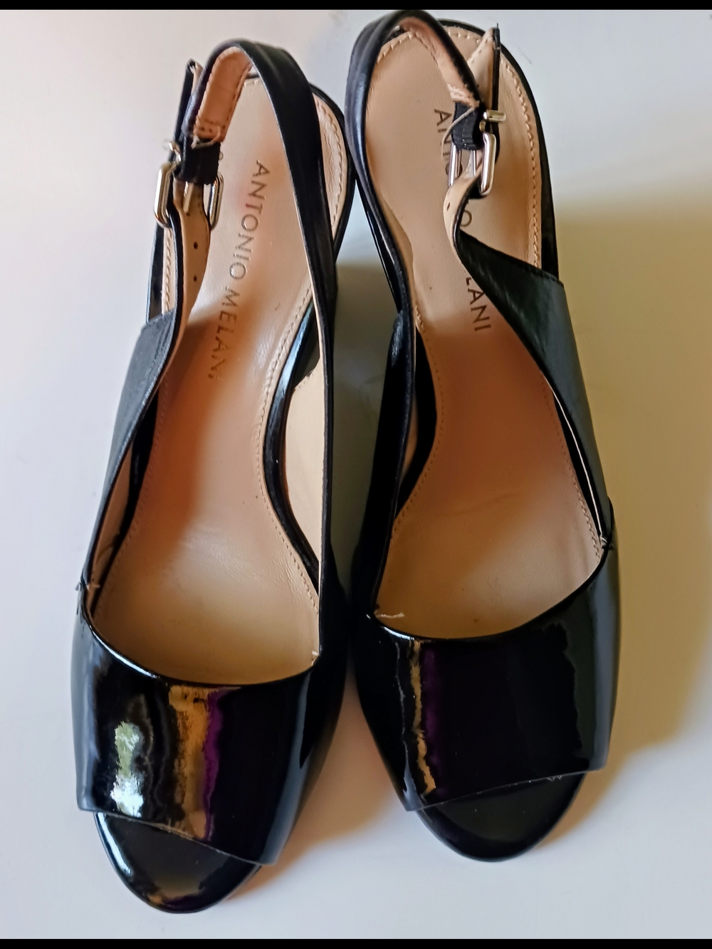 ANTONIO MELANI Black Patent Open-Toe Slingback Heels with Buckle